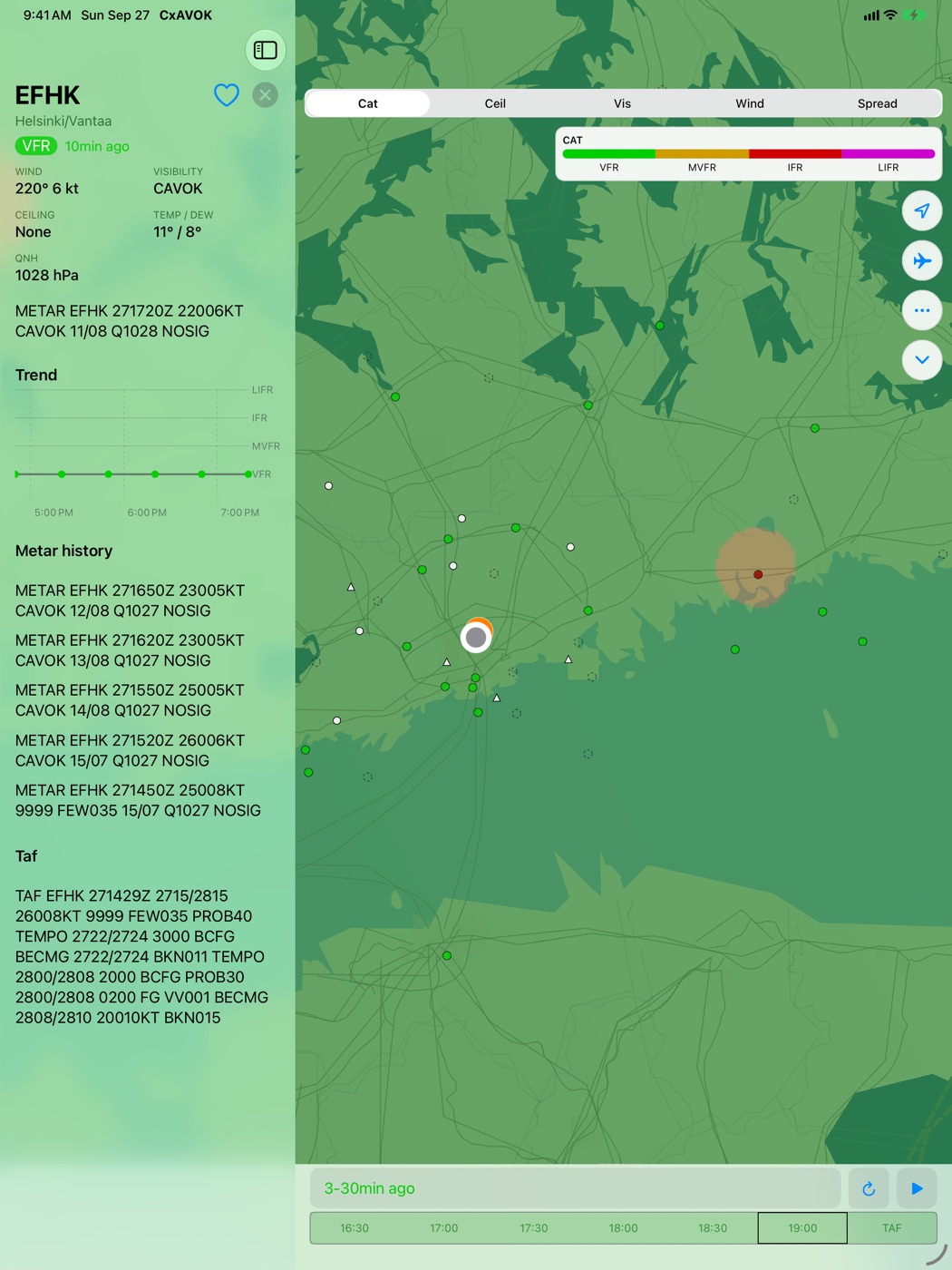 CxAVOK on iPad with Helsinki-Vantaa decoded weather, METAR history and TAF beside the regional map