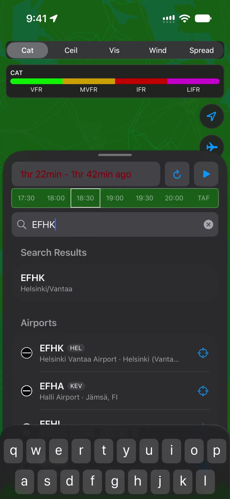 CxAVOK iPhone search for EFHK showing reporting stations and airport results