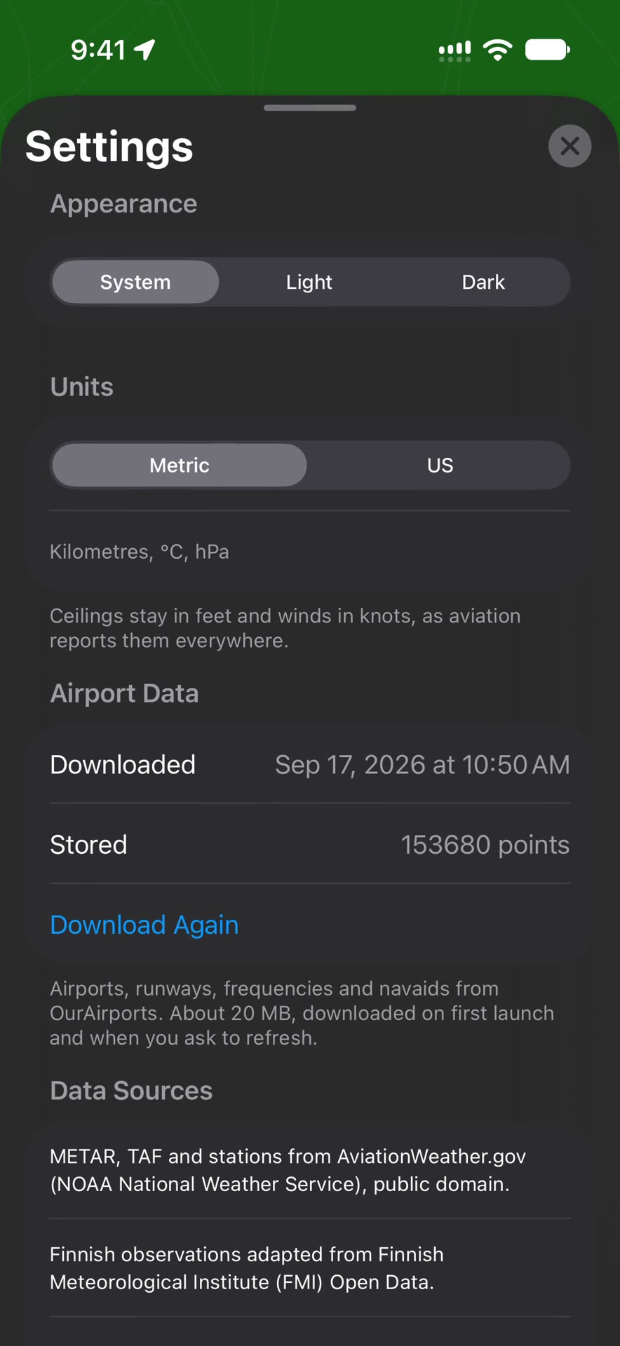 CxAVOK iPhone settings showing appearance, units, stored airport data and Download Again