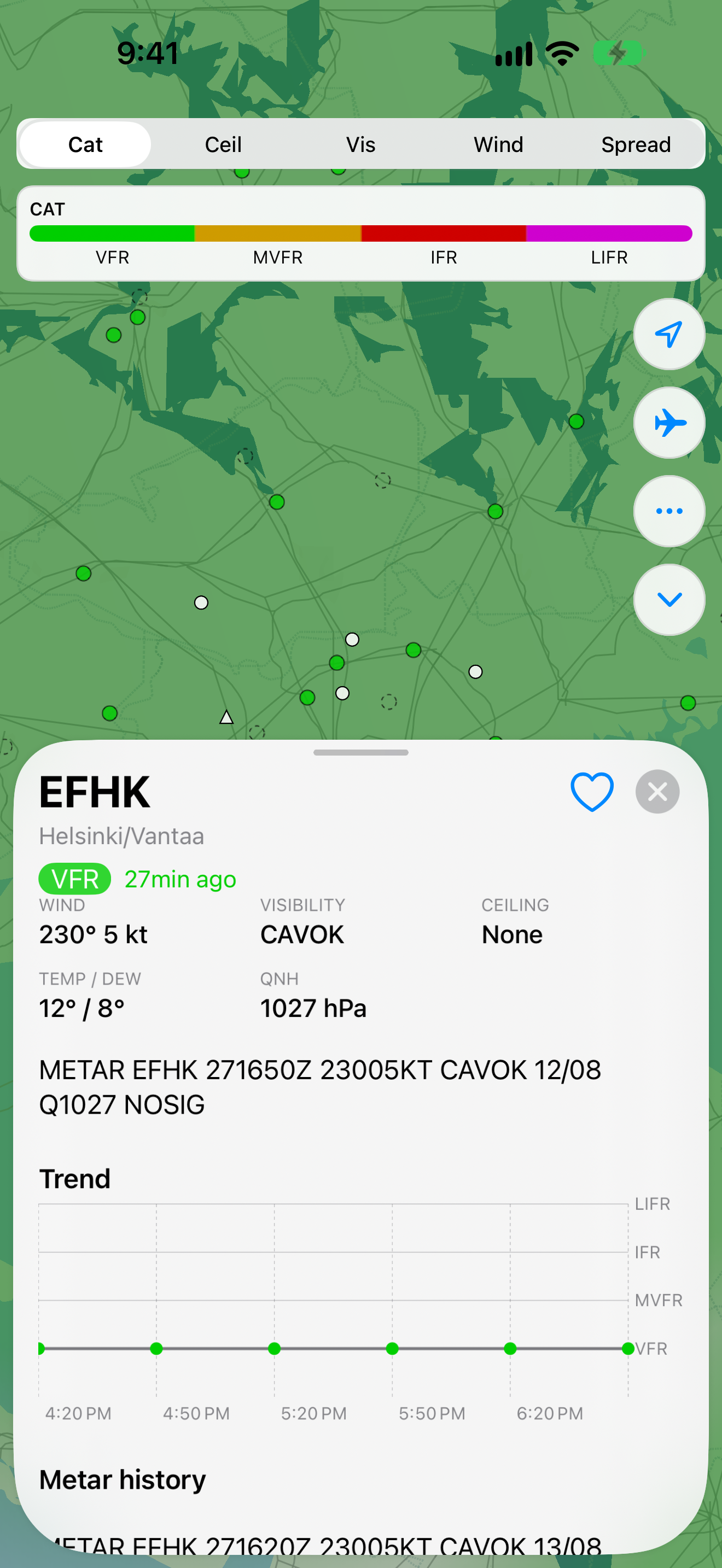 CAV-OK station details and weather trend on iPhone